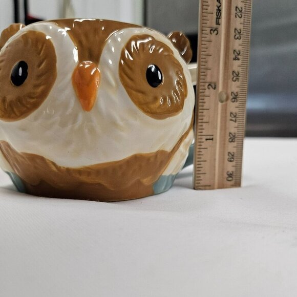 Earthenware Ceramic 3D Hand-Painted Coffee Cup Owl Shape Blue & White Handle - Picture 12 of 13
